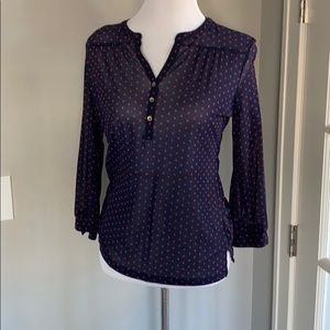 Beautiful sheer blue with red polka-dotted blouse
